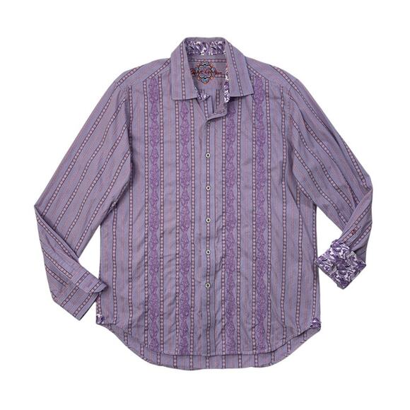 Robert Graham Shirt Mens M Medium Cotton Classic Flip Cuff Striped Embroidered - Picture 1 of 12